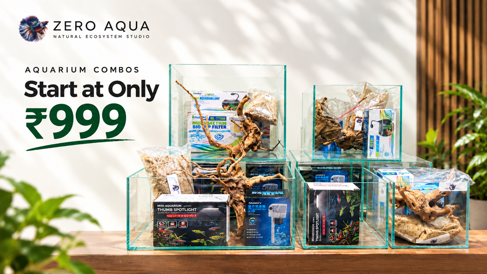 Zero Aqua aquarium combo kits starting at ₹999, with tanks, lighting, filtration and hardscape.