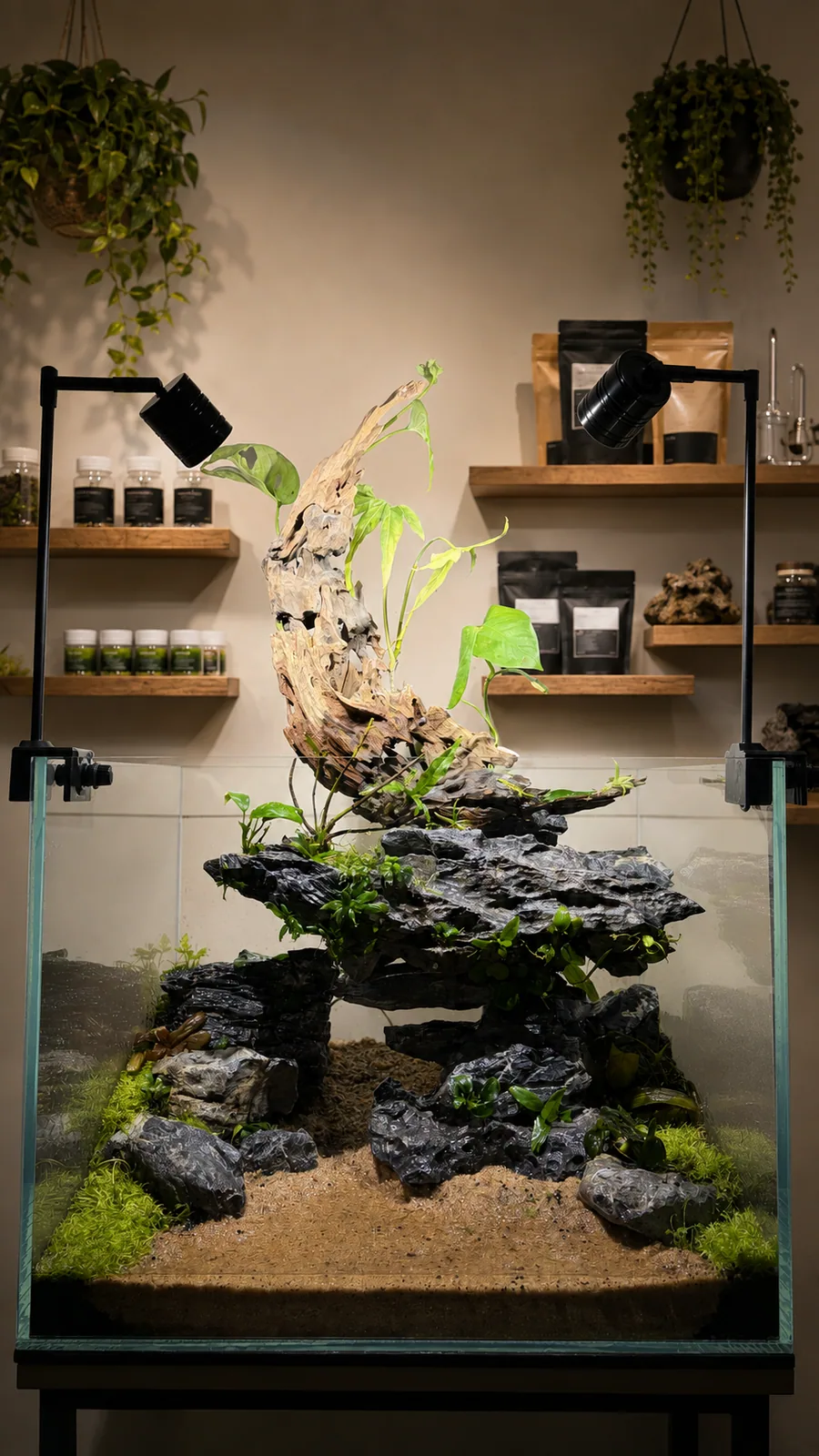 Planted aquarium and lush paludarium at the Zero Aqua studio
